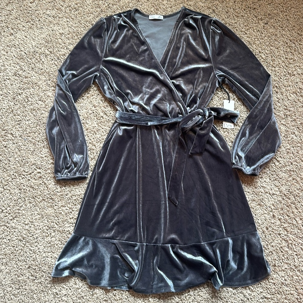 DEX charcoal velvet cross front dress